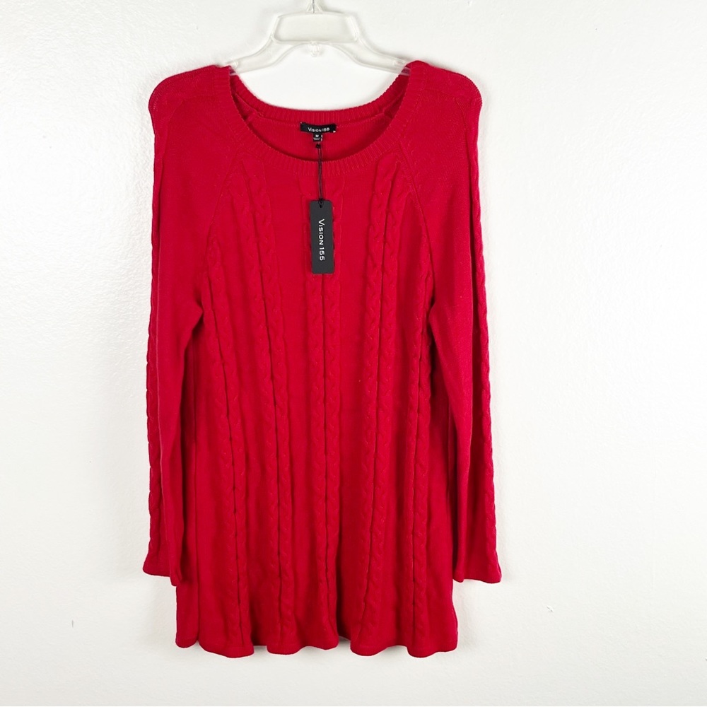 VISION 155 Red Cable Knit Long Sleeves Sweater Medium Casual Cozy